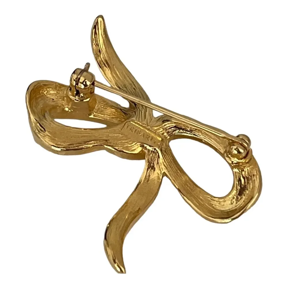 Vintage 1970s Trifari Bow Brooch Gold Tone Rhinestone - 1E